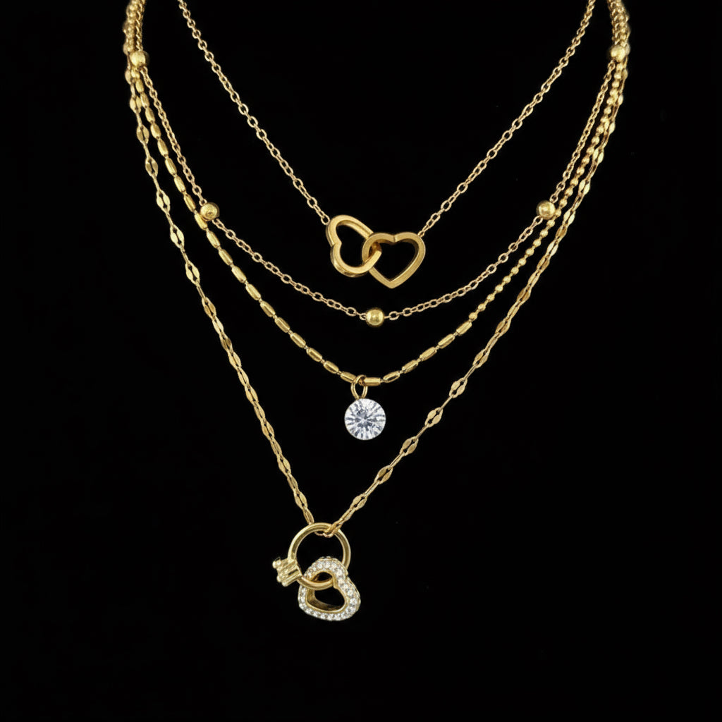 Collana Cuoricini in Acciaio Placcato Oro 18K