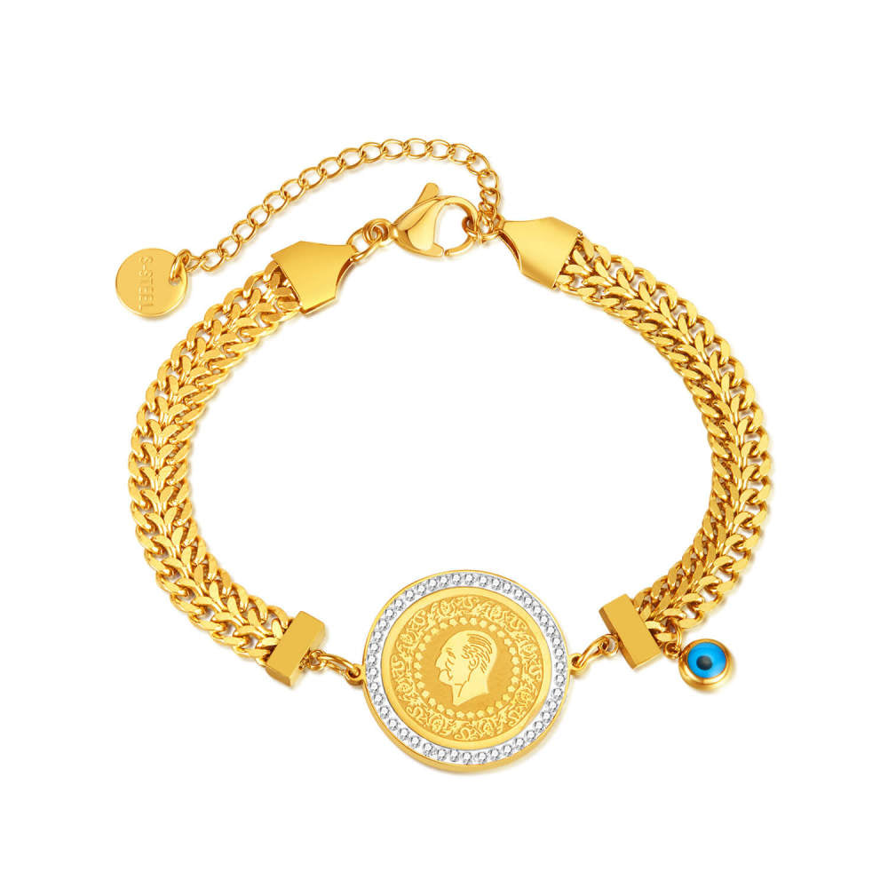 PENDENTIF PIÈCE DE MONNAIE PORTRAIT EN ACIER INOXYDABLE AVEC MAUVAIS ŒIL-