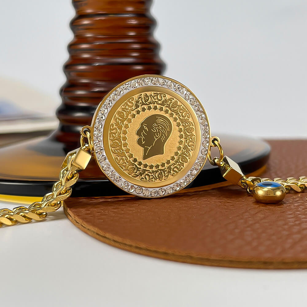 PENDENTIF PIÈCE DE MONNAIE PORTRAIT EN ACIER INOXYDABLE AVEC MAUVAIS ŒIL-