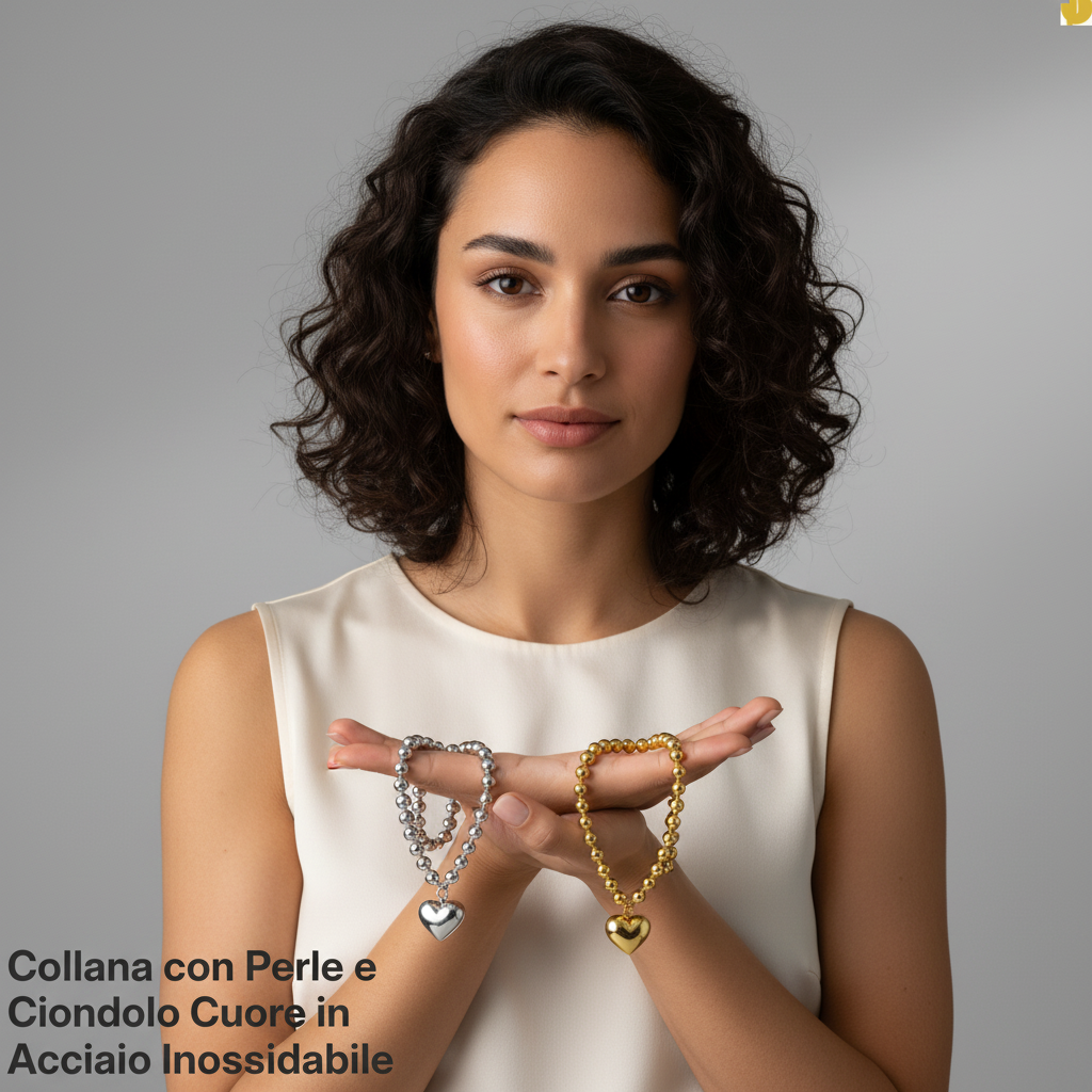 Collana con Perle e Ciondolo Cuore in Acciaio Inossidabile