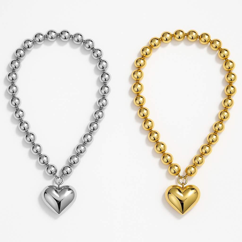 Collana con Perle e Ciondolo Cuore in Acciaio Inossidabile