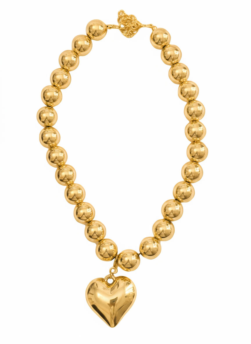 Collana con Perle e Ciondolo Cuore in Acciaio Inossidabile